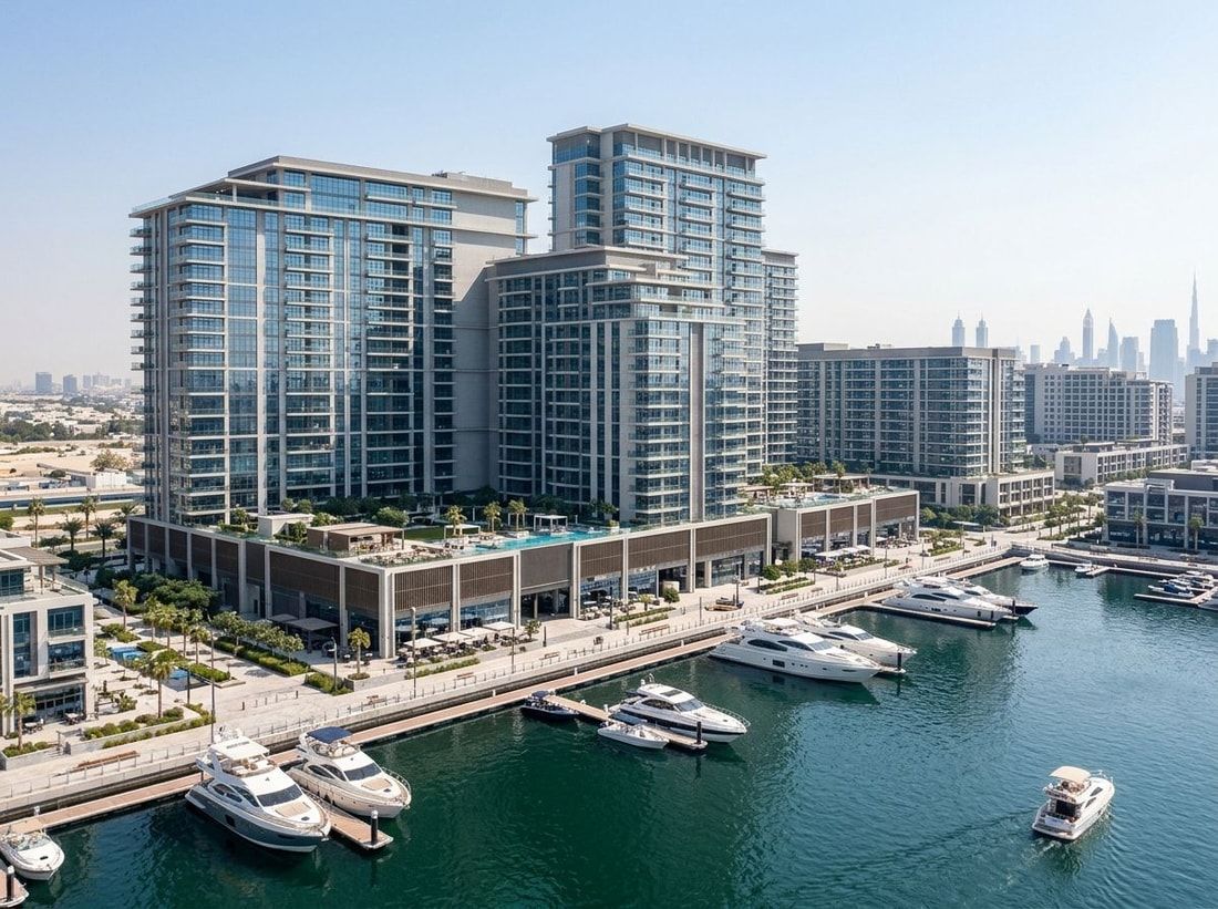 Nadmorskie wieże mieszkalne wzdłuż mariny Rashid Yachts & Marina