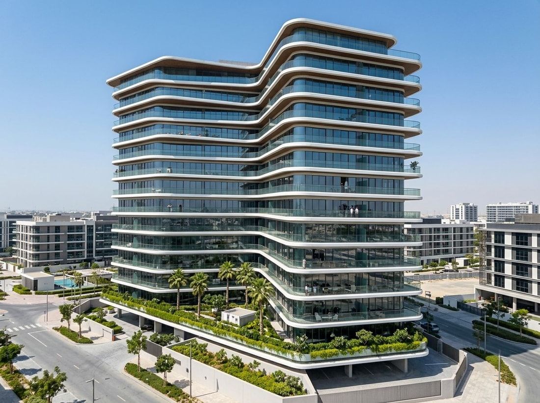 Nowoczesna fasada Milos Residences z balkonami i zielenią w Dubailand