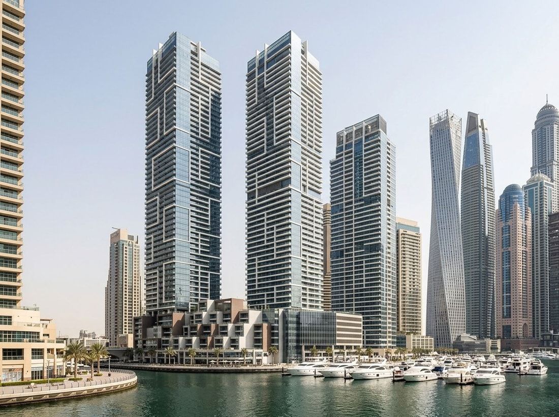Trzy połączone wieże Marina Gate nad wodą Dubai Marina w dzień