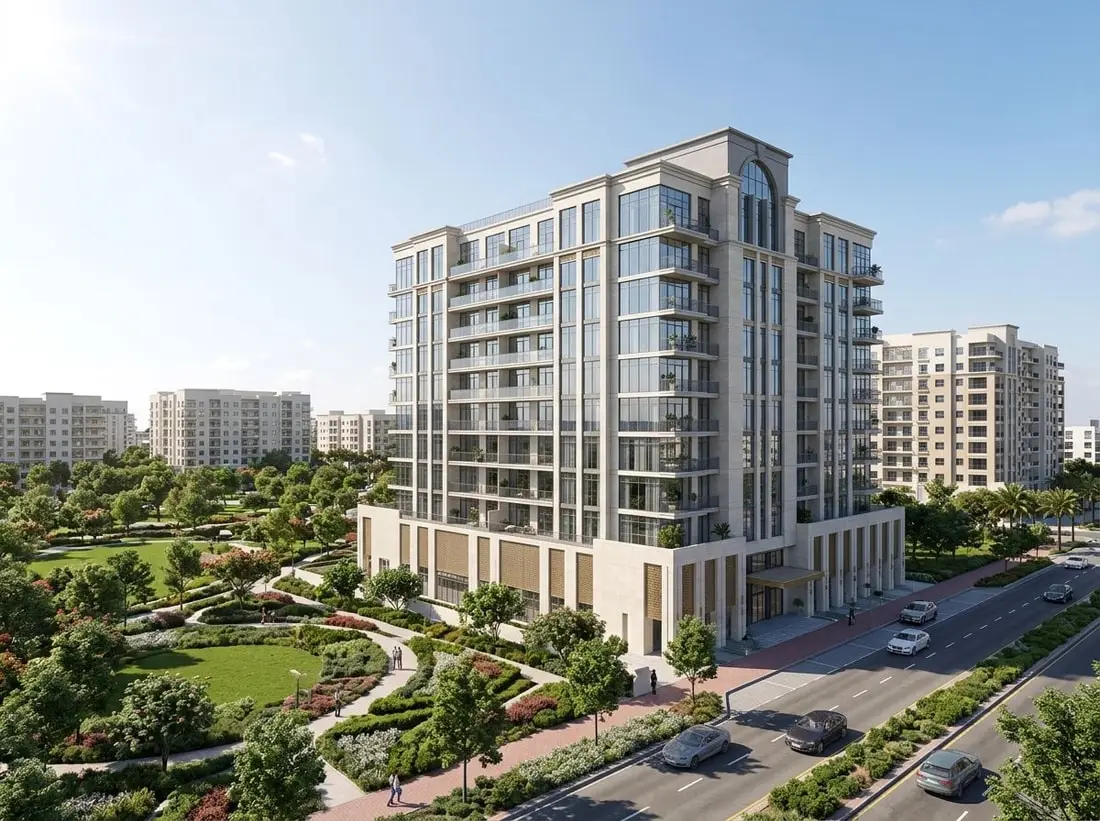 Nowoczesna elewacja budynku Avenue Residence 5 przy zielonych parkach