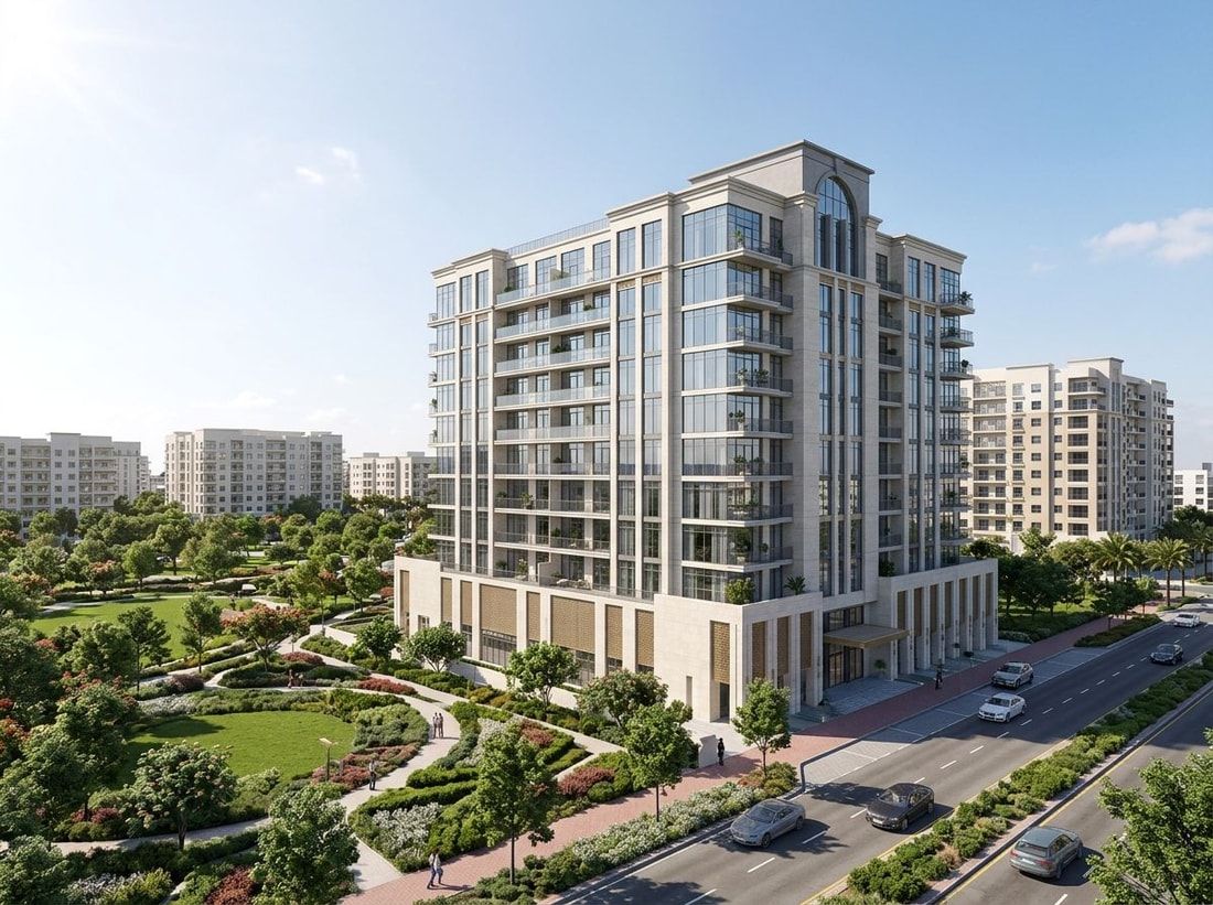 Nowoczesna elewacja budynku Avenue Residence 5 przy zielonych parkach