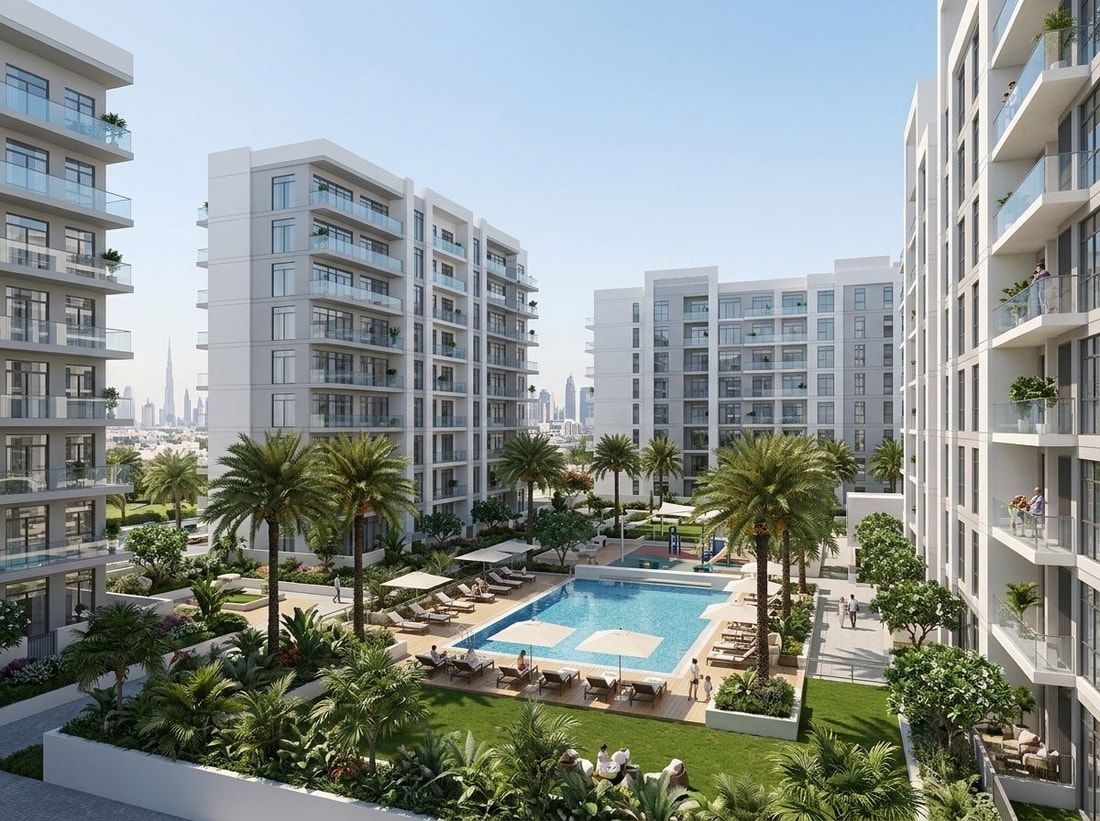 Nowoczesne apartamentowce z zielenią w Azizi Central Al Furjan