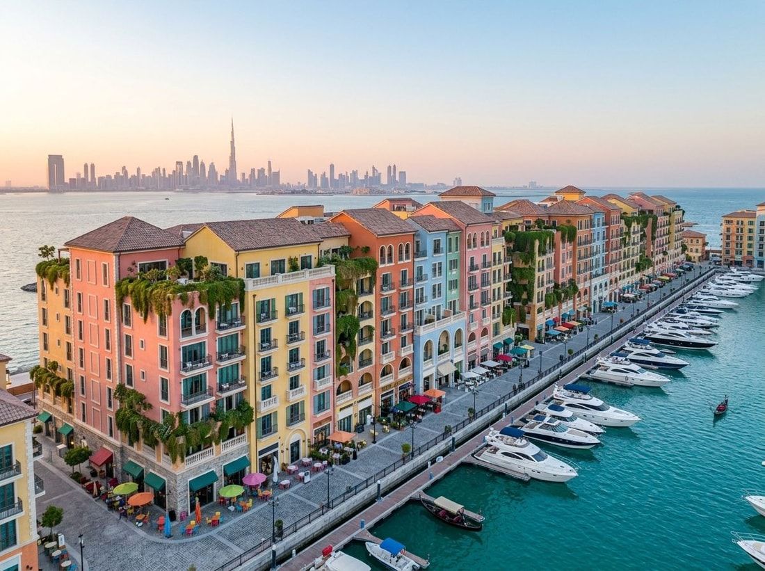 Kolorowa pastelowa fasada hotelu w stylu Portofino przy marinie