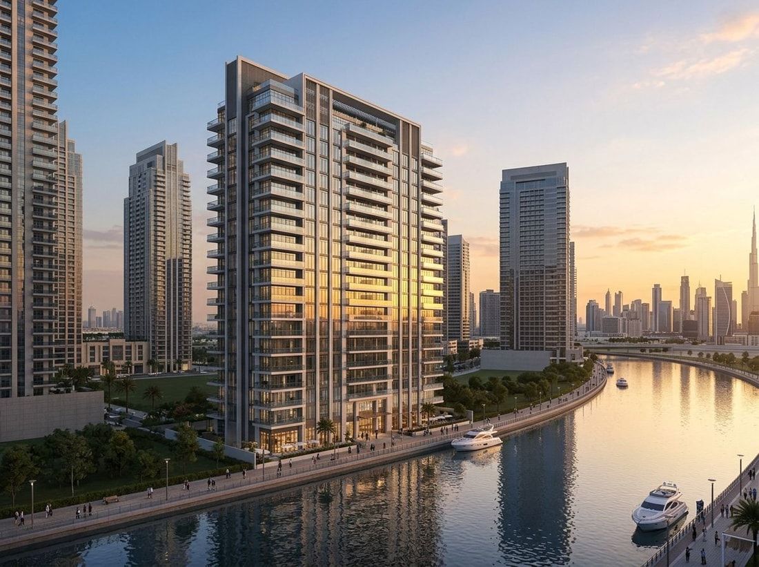 Fasada wieży Meera Tower nad Dubai Water Canal