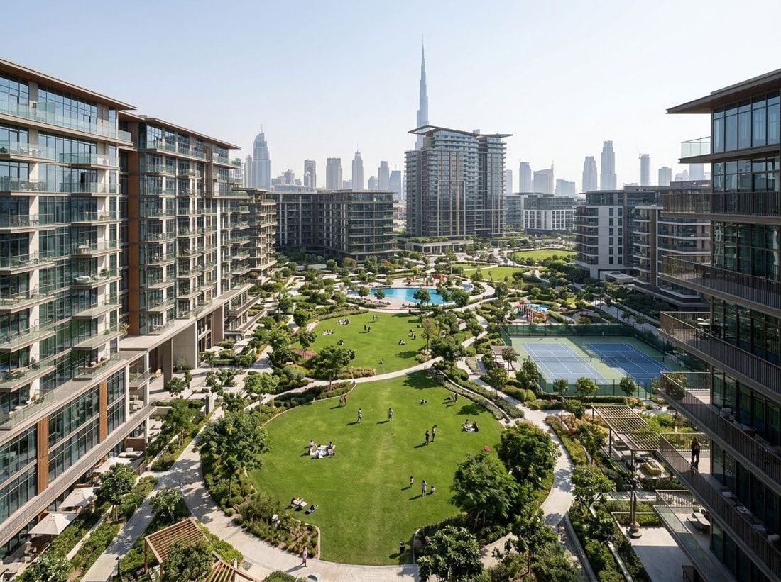 Apartamentowce wokół dużego zielonego parku w Central Park City Walk
