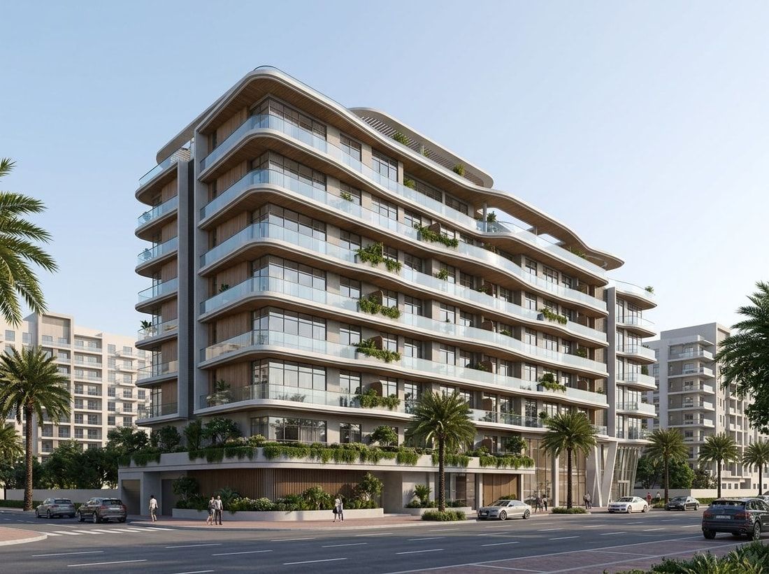 Nowoczesna fasada Avana Residences z balkonami w JVC