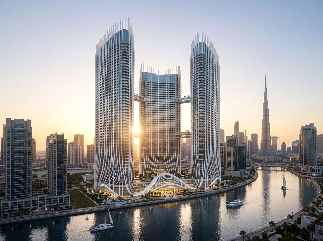 Trzy wysokie połączone wieże Binghatti Skyrise w Business Bay