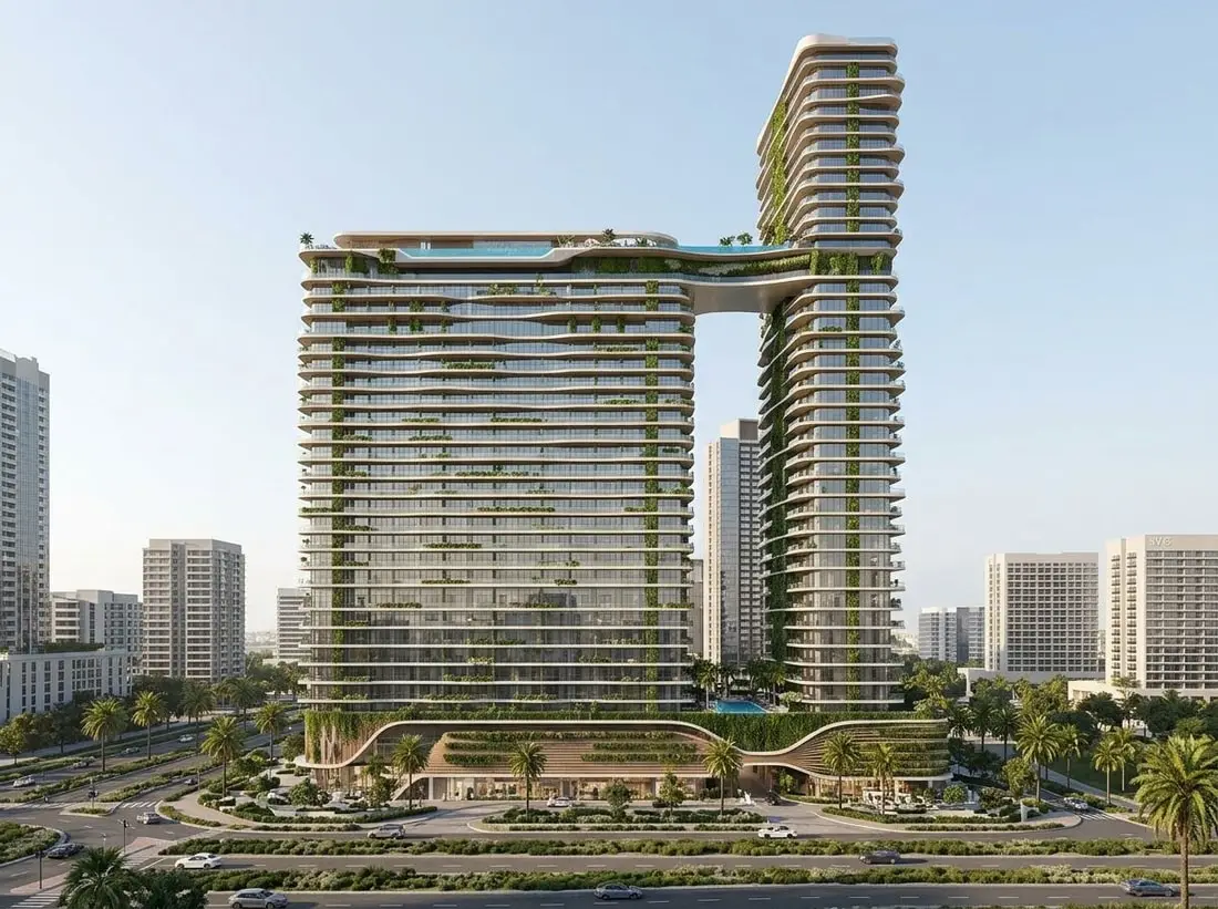 Fasada One Sky Park z pionową zielenią w JVC
