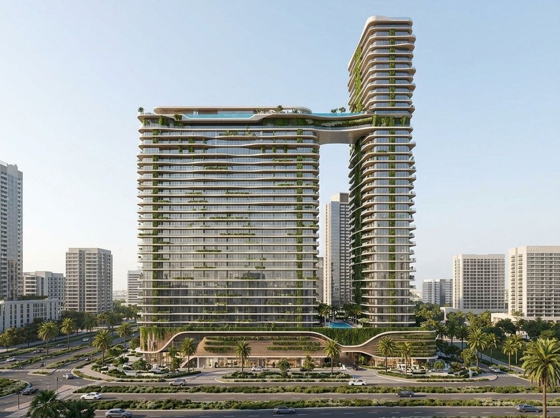 Fasada One Sky Park z pionową zielenią w JVC