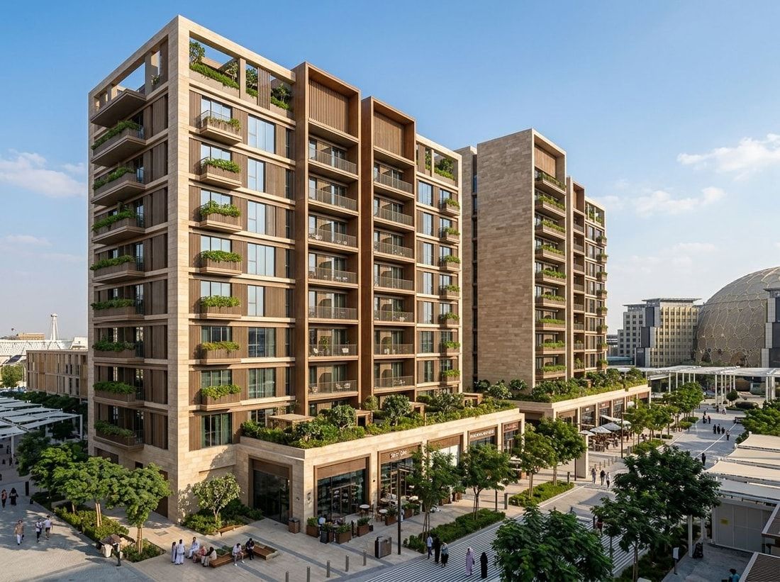 Ciepła elewacja z drewnianymi akcentami w Sidr Residences