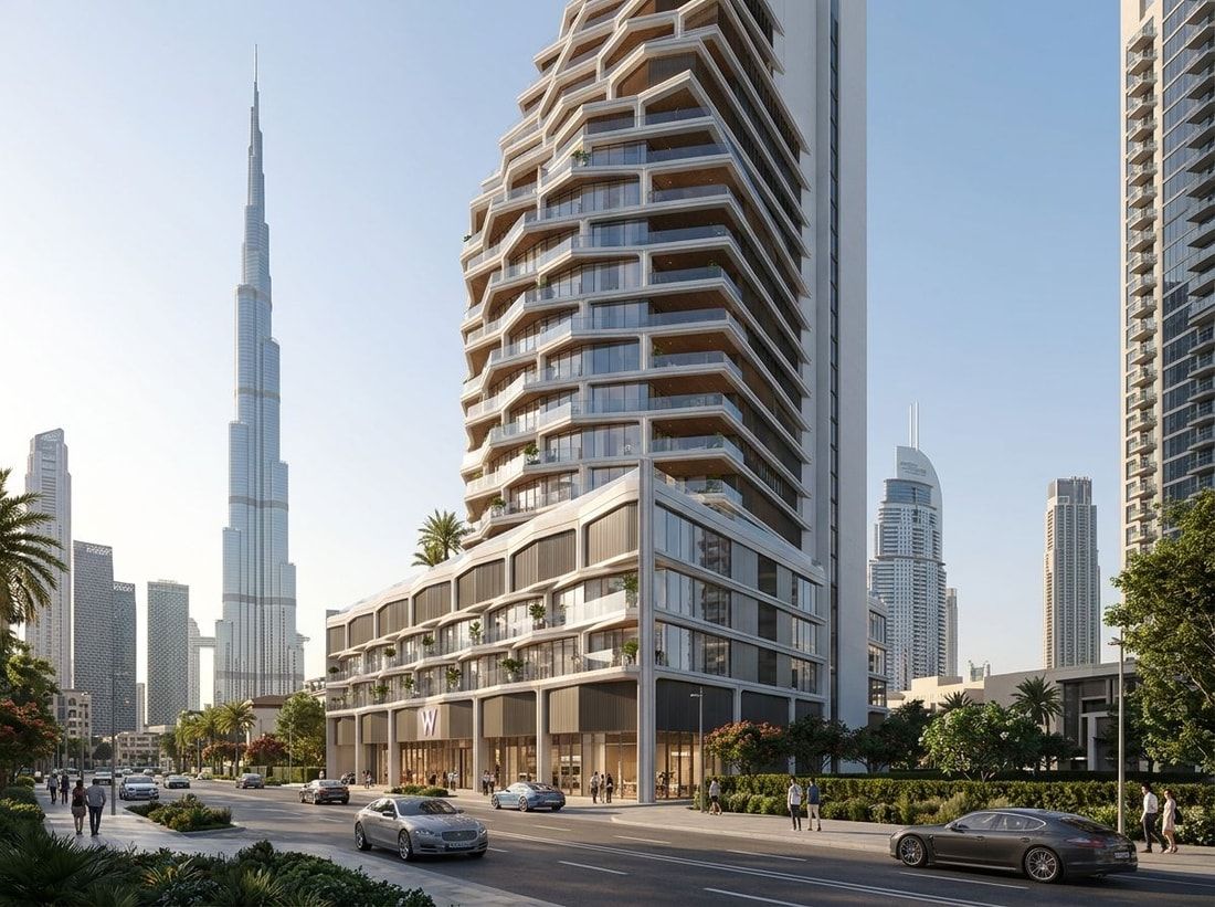 Elegancka fasada wieży W Residences w Downtown Dubai
