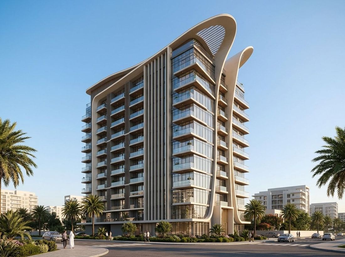 Fasada nowoczesnej piętnastokondygnacyjnej wieży AG Ark Tower w Dubailand
