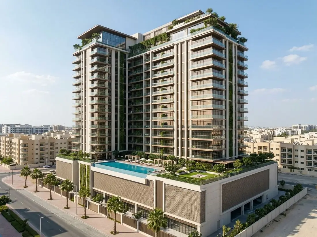 Nowoczesna fasada Ozone1 Residence z balkonami i zielenią