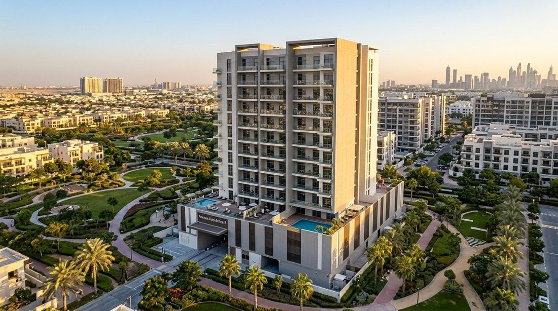 Nowoczesna elewacja budynku Avenue Residence 8 w Al Furjan