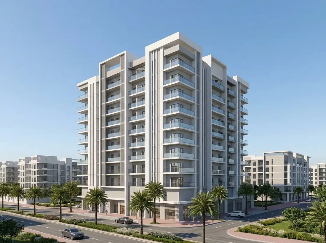 Nowoczesna fasada apartamentowca Plazzo Heights z balkonami w JVC