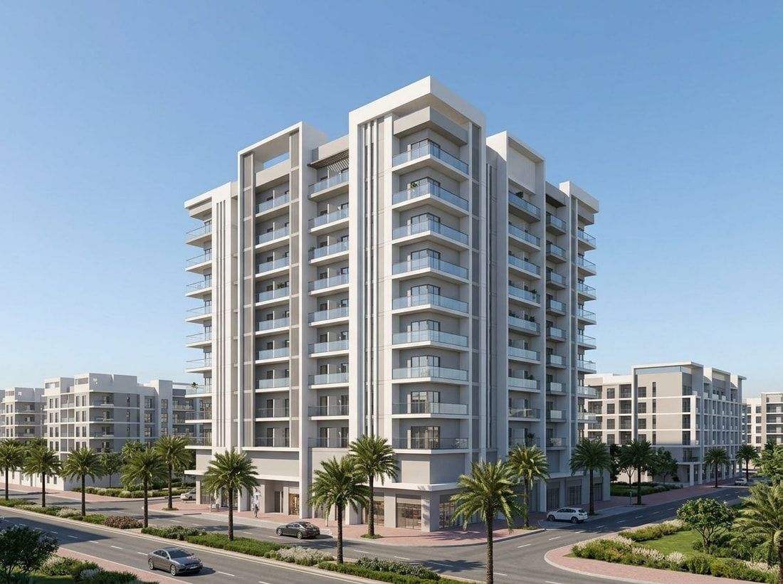 Nowoczesna fasada apartamentowca Plazzo Heights z balkonami w JVC