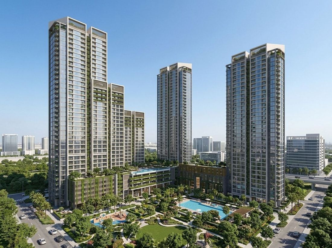 Nowoczesne wieże apartamentowe z zielenią w Sobha Orbis