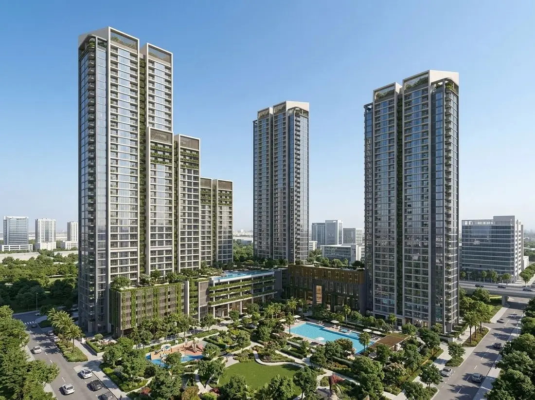 Nowoczesne wieże apartamentowe z zielenią w Sobha Orbis