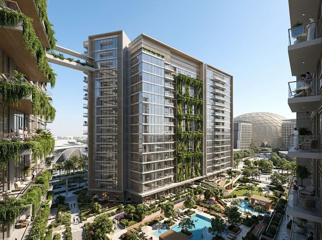 Smukła elewacja z balkonami i zielenią w Sky Residences