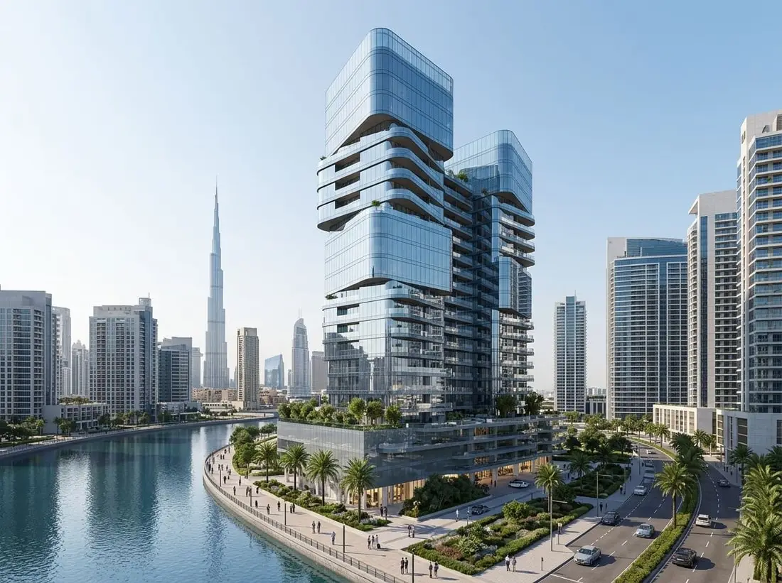 Szklana fasada wieży DG1 przy Kanale Dubajskim