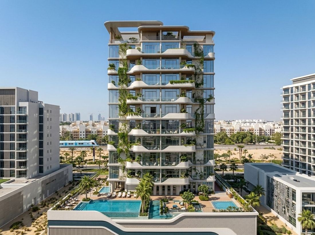 Zielona fasada wieży Evora Residences w Al Furjan