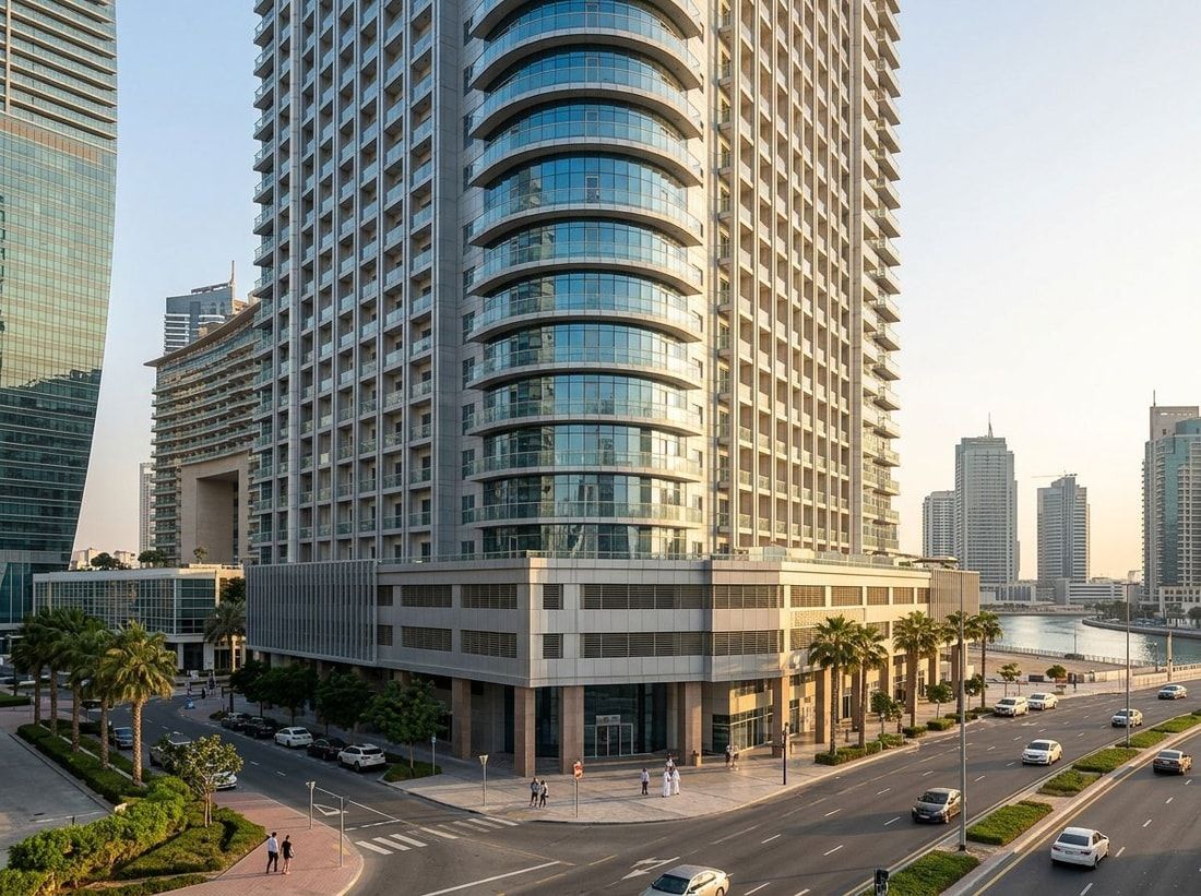 Fasada wysokiej wieży mieszkalnej AG Tower w Business Bay