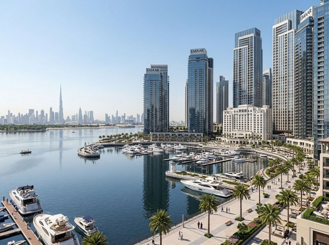 Nowoczesne wieże nad Creek Marina w Dubai Creek Harbour