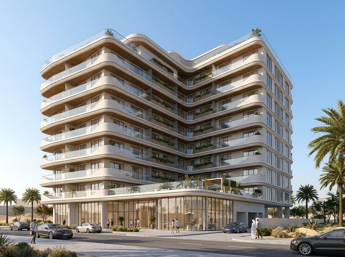 Fasada nowoczesnego budynku Aark Terraces w Dubailand