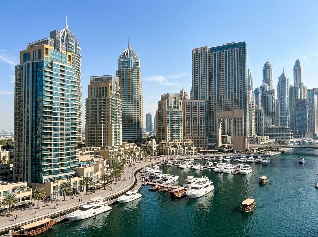 Wieże mieszkalne Dubai Marina wzdłuż nadmorskiej promenady