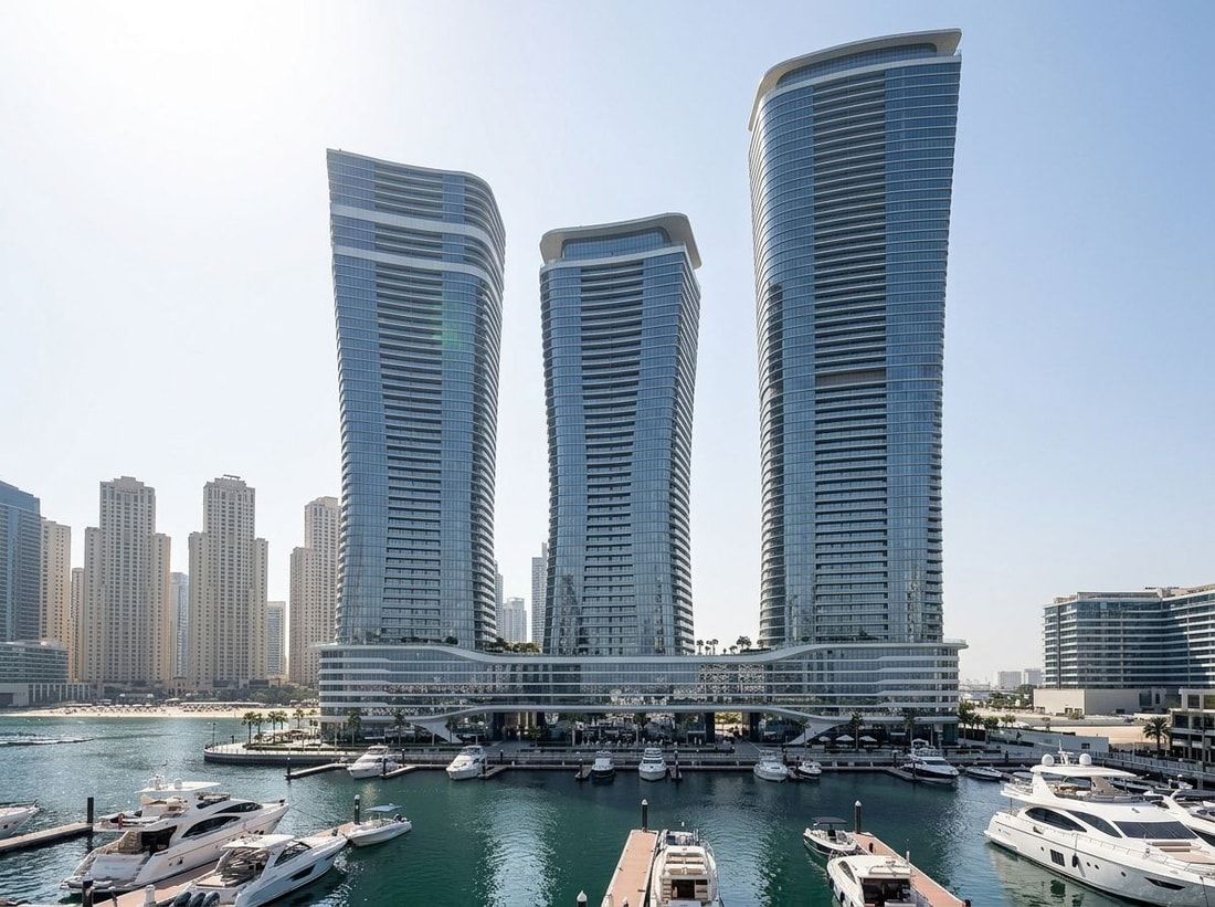 Smukłe luksusowe wieże nad wodą w Dubai Harbour