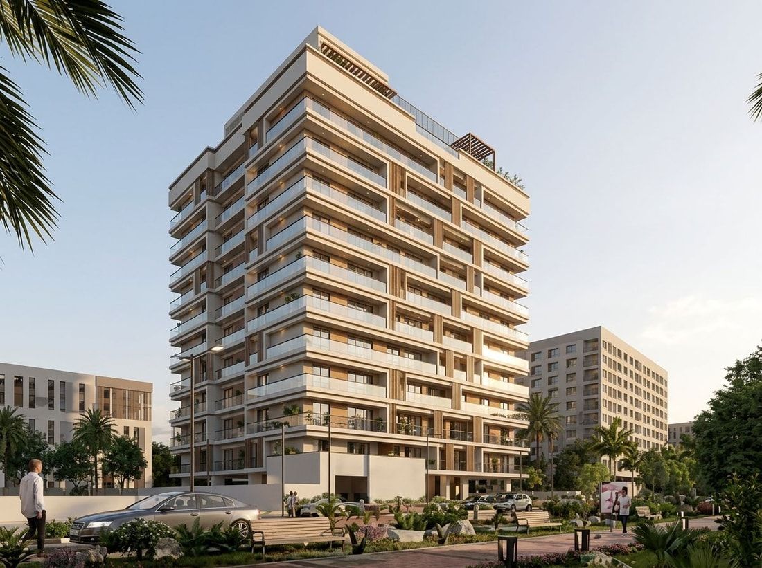 Fasada nowoczesnego budynku Aark Residences w Dubailand