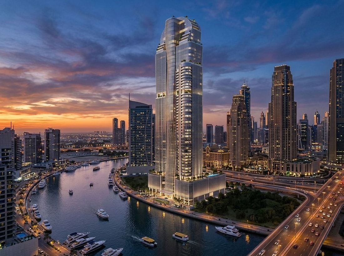 Smukła supertall wieża Al Habtoor Tower nad kanałem
