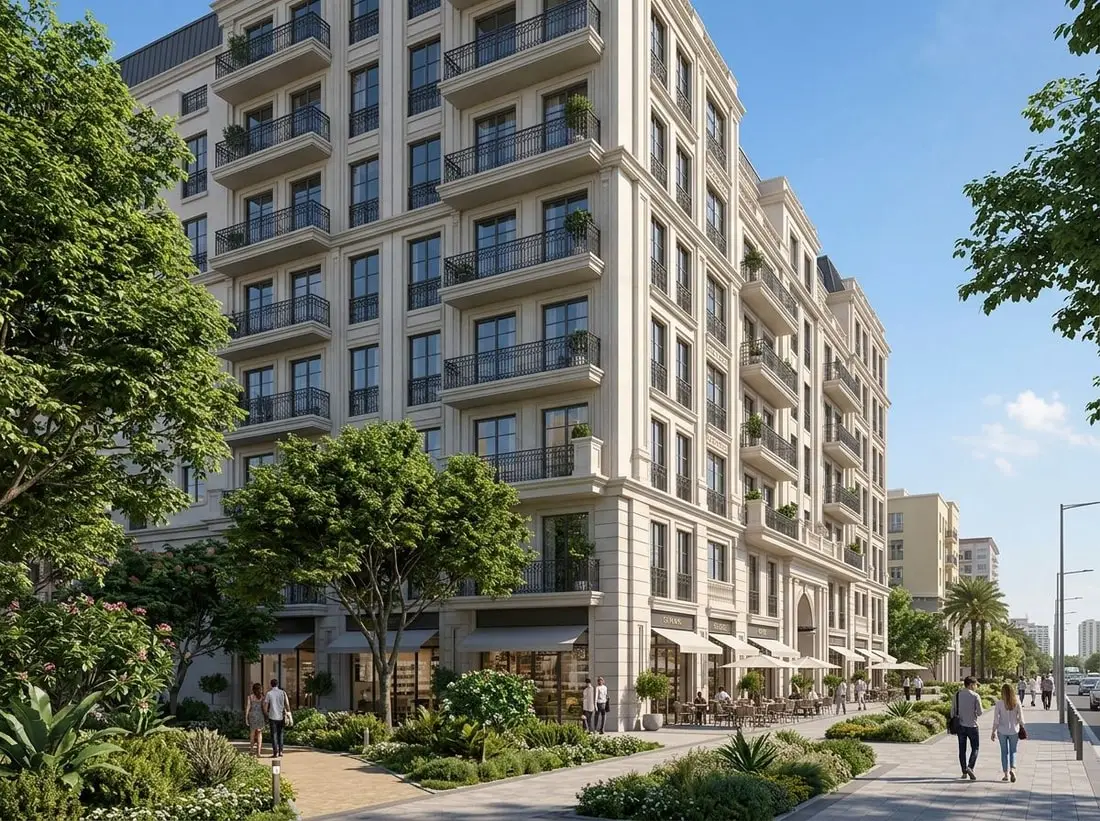 Fasada apartamentowca Weybridge Gardens w Dubailand