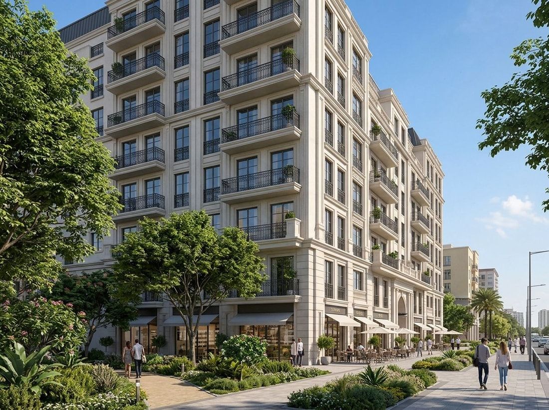 Fasada apartamentowca Weybridge Gardens w Dubailand