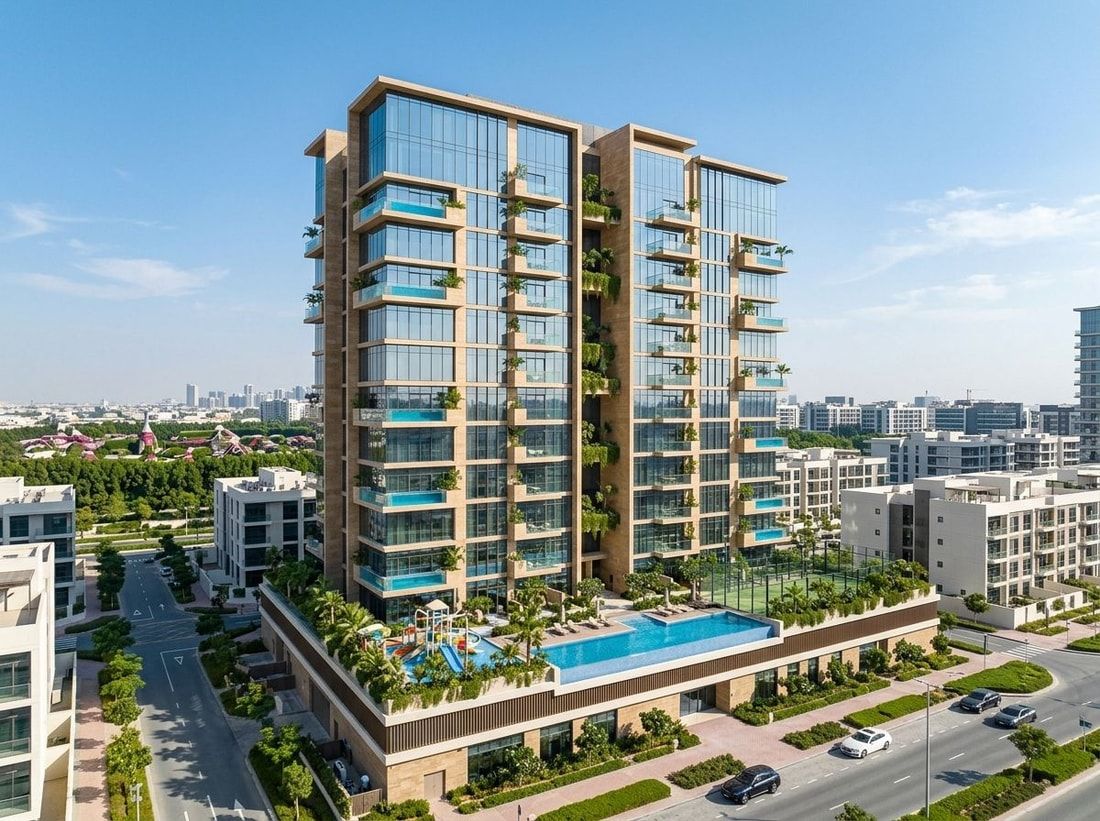 Nowoczesna fasada wieży Trinity Residences w Arjan z balkonami i zielenią