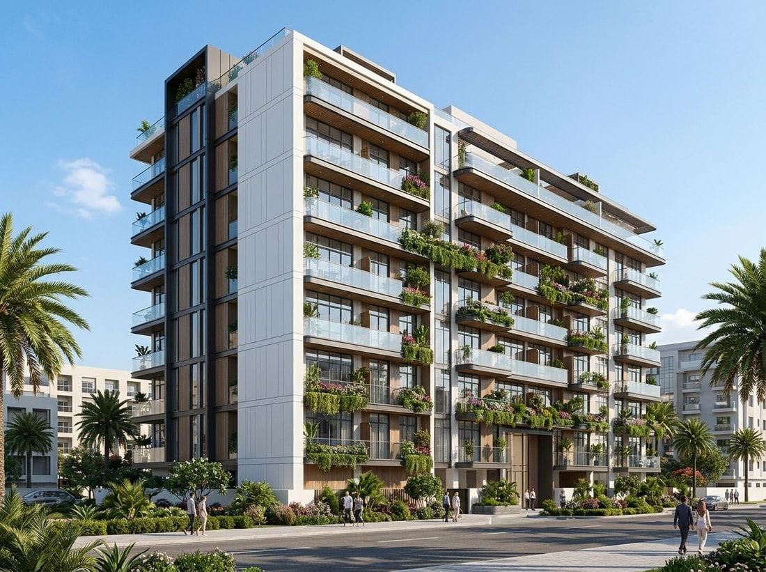 Elewacja z zielenią i balkonami Olivia Gardens Residence w Al Satwa