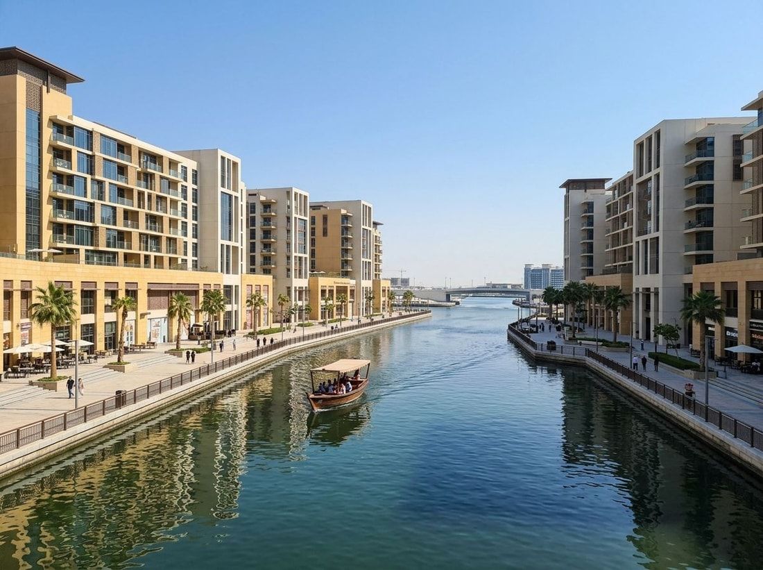 Niskie nadwodne budynki mieszkalne wzdłuż deptaka przy kanale w Dubai Wharf