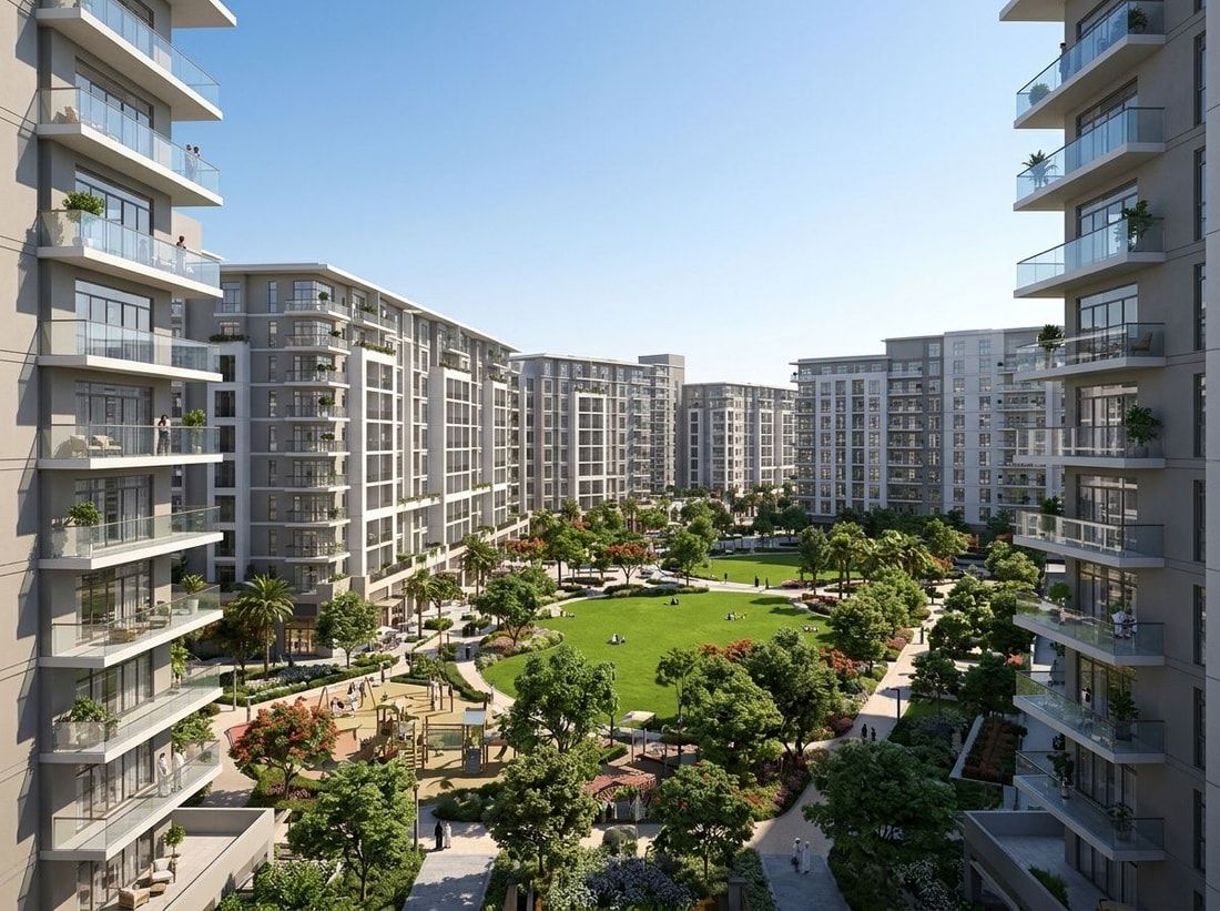 Apartamentowce Rawda z balkonami zwrócone ku parkowi