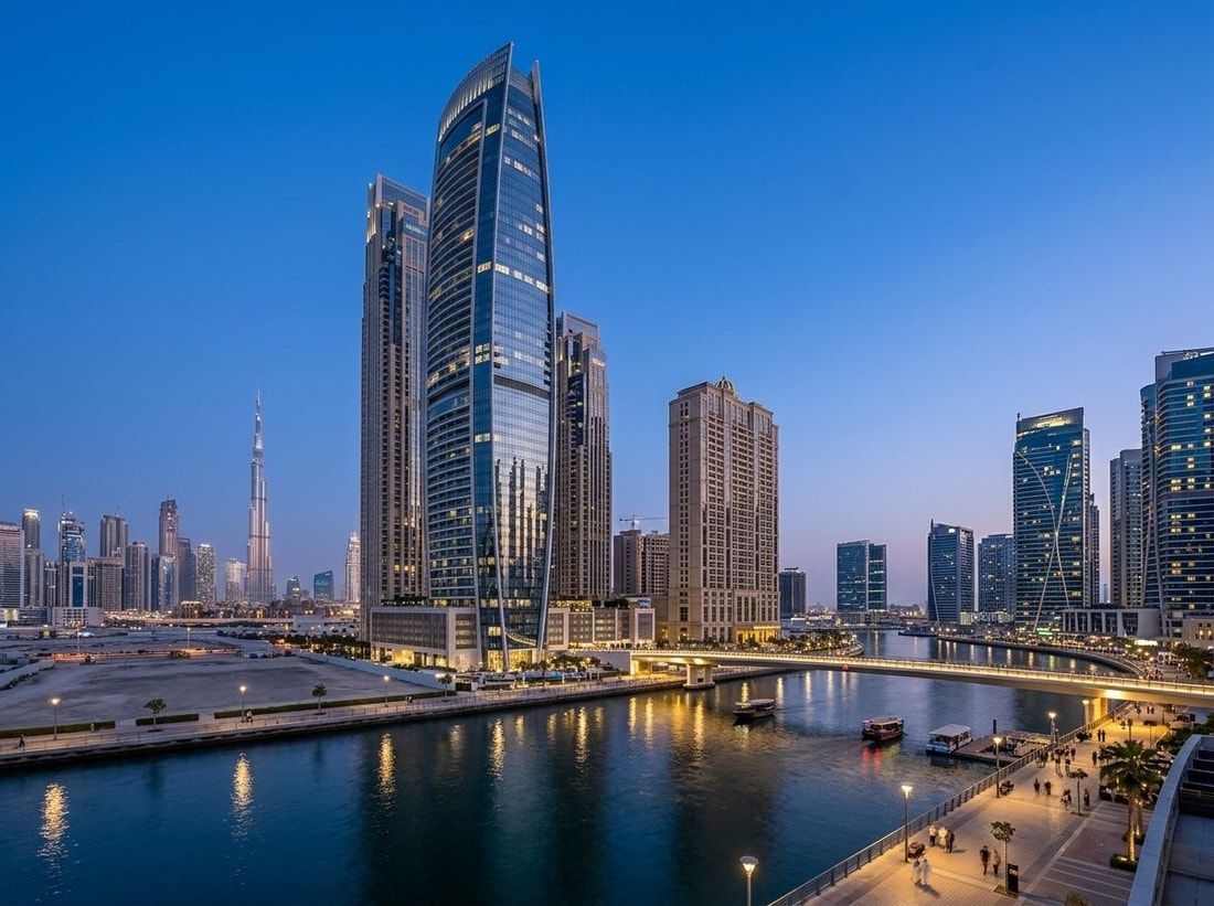 Szklana fasada wieży Amna Tower nad Dubai Water Canal