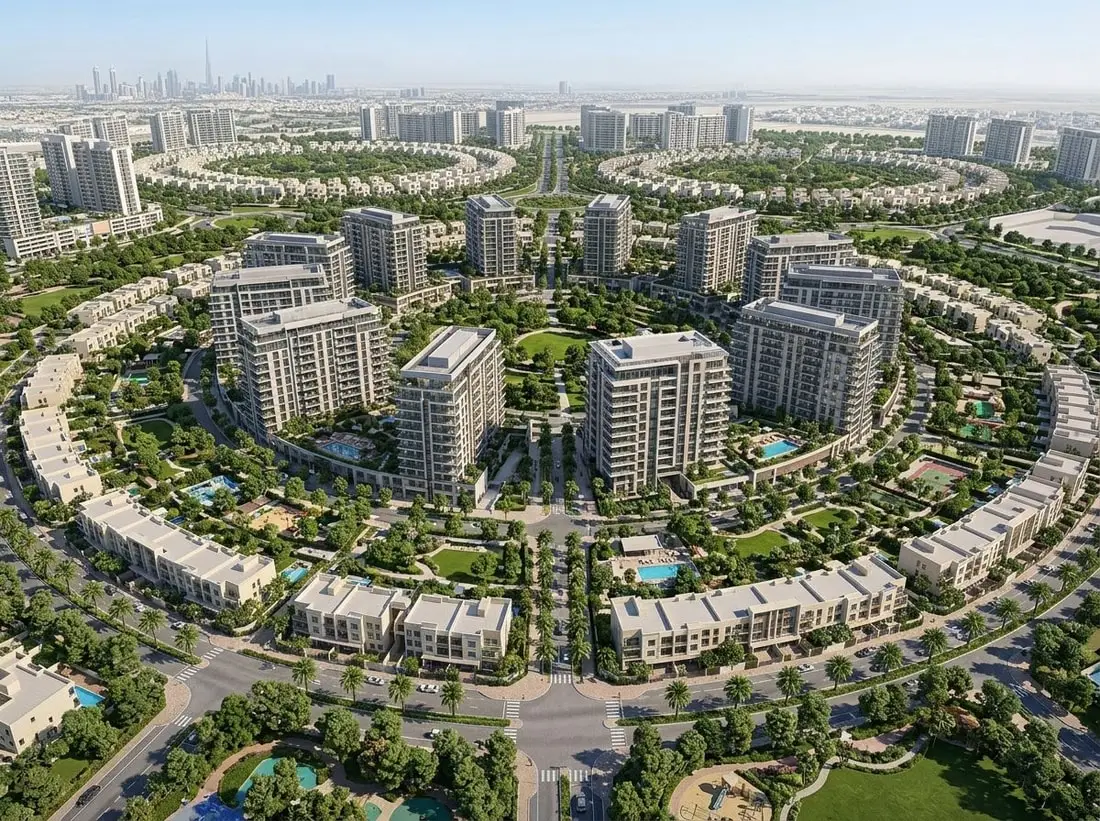 Apartamentowce i domy wśród zieleni w Jumeirah Village Circle