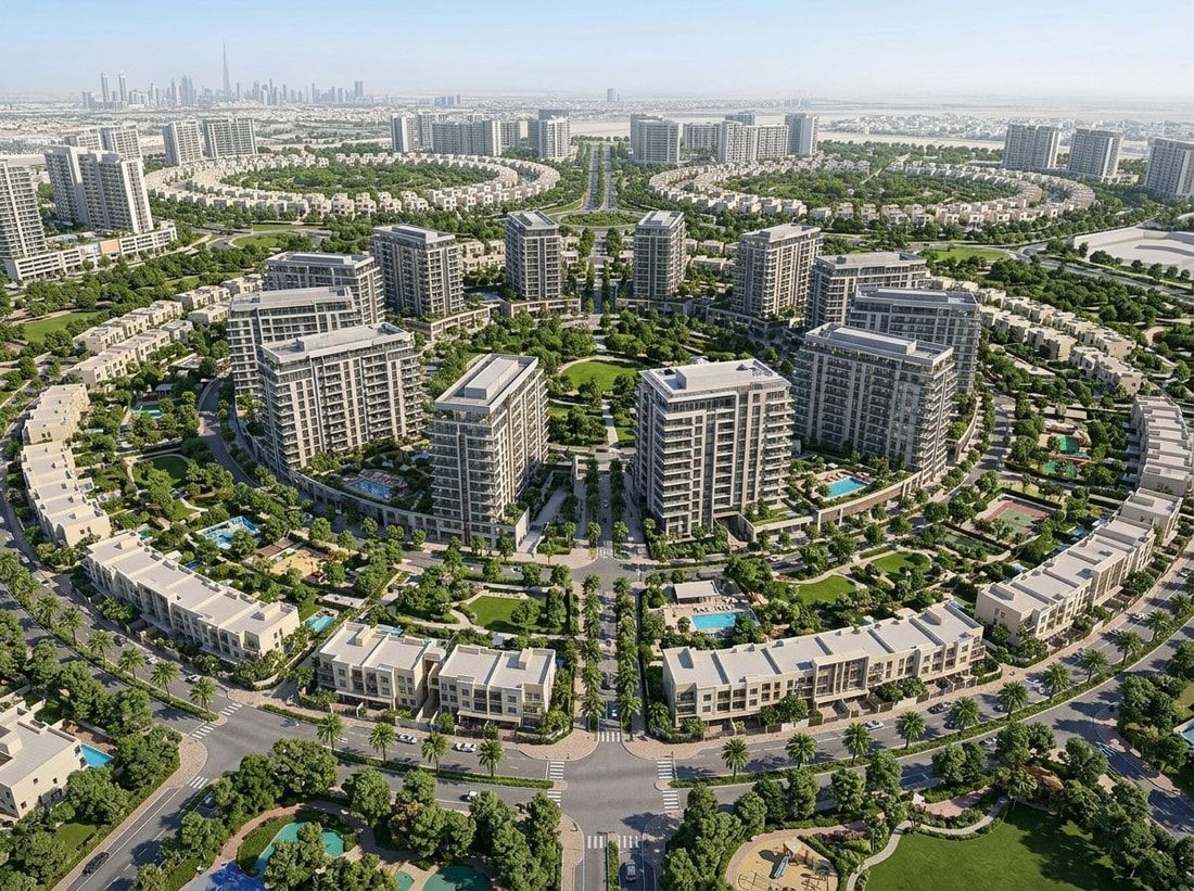 Apartamentowce i domy wśród zieleni w Jumeirah Village Circle