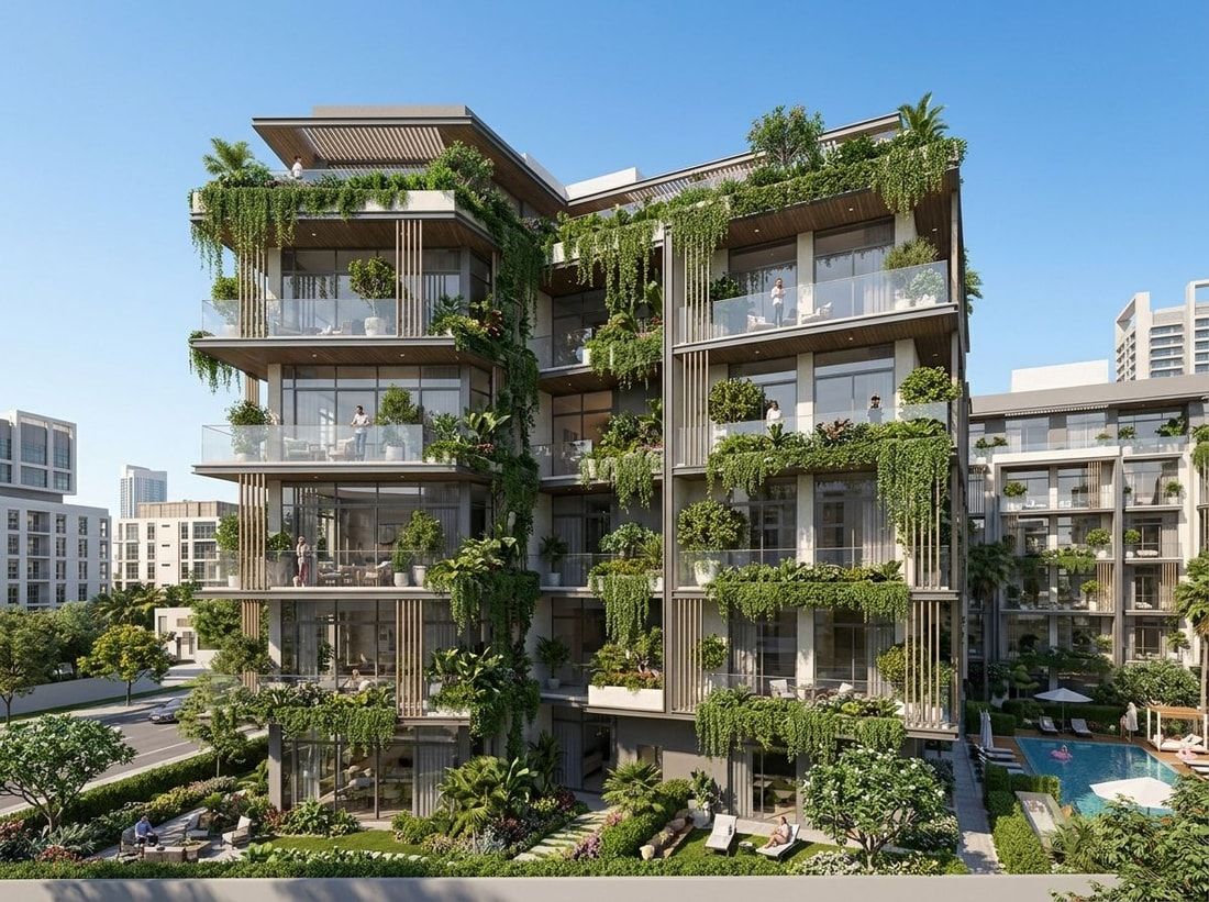 Elewacja Oxford Terraces z kaskadą obsadzonych zielenią tarasów