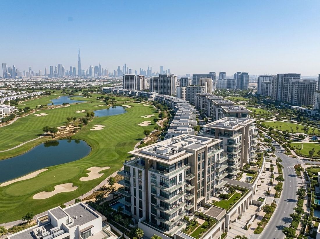 Nowoczesne apartamentowce nad polem golfowym w Dubai Hills Estate