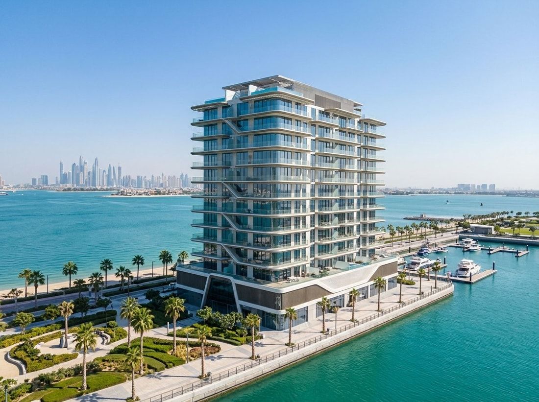 Nowoczesna elewacja Treppan Living Privé nad wodą na Dubai Islands