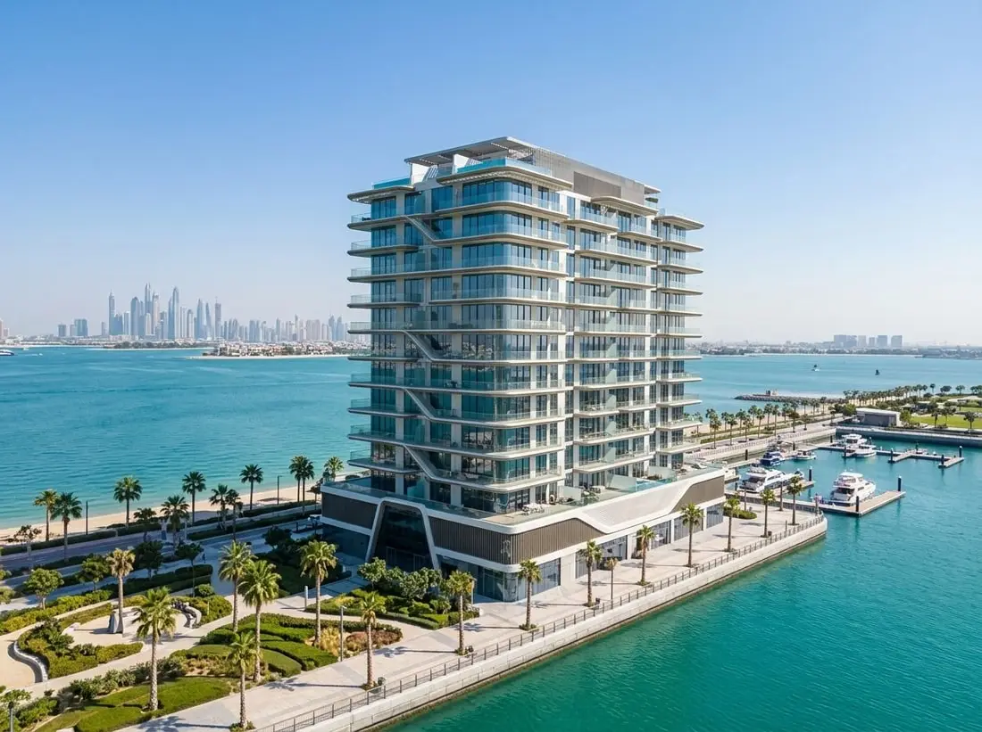 Nowoczesna elewacja Treppan Living Privé nad wodą na Dubai Islands