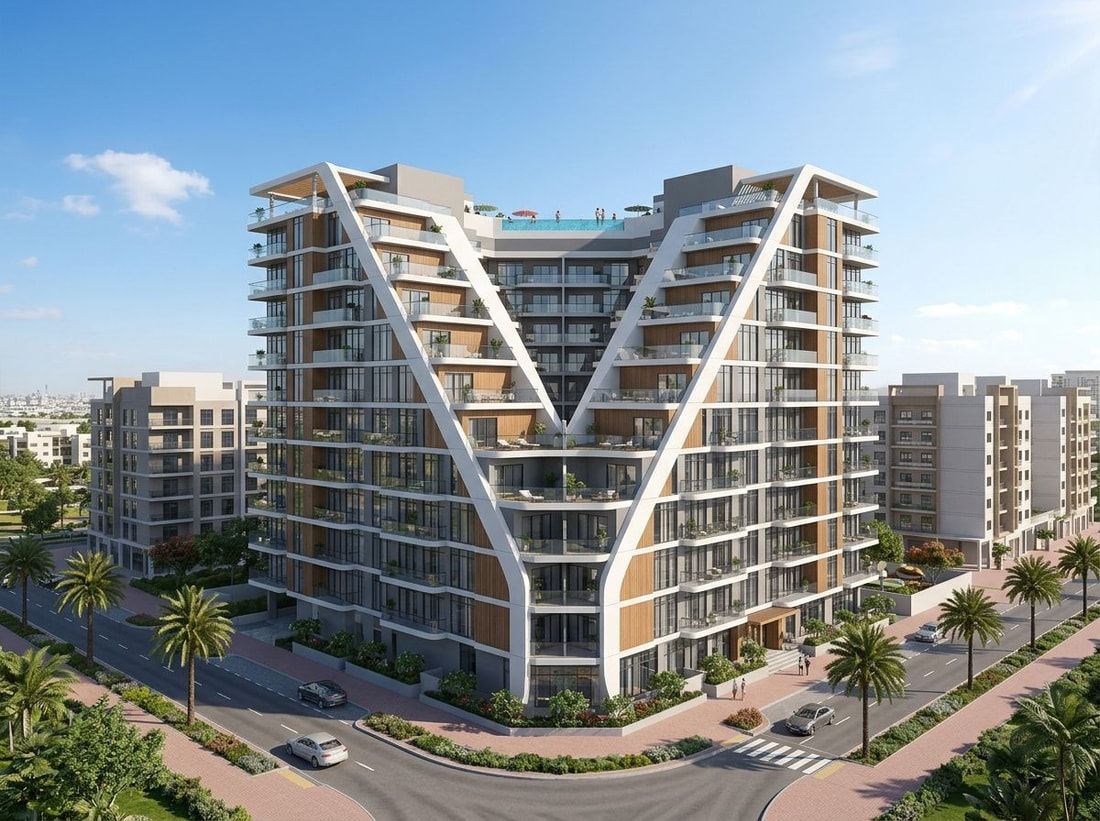 Fasada apartamentowca Empire Livings z balkonami i zielenią