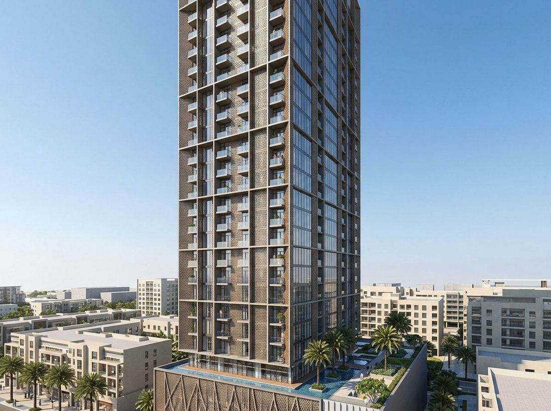Nowoczesna wieża Altai Tower z fakturowaną fasadą i balkonami
