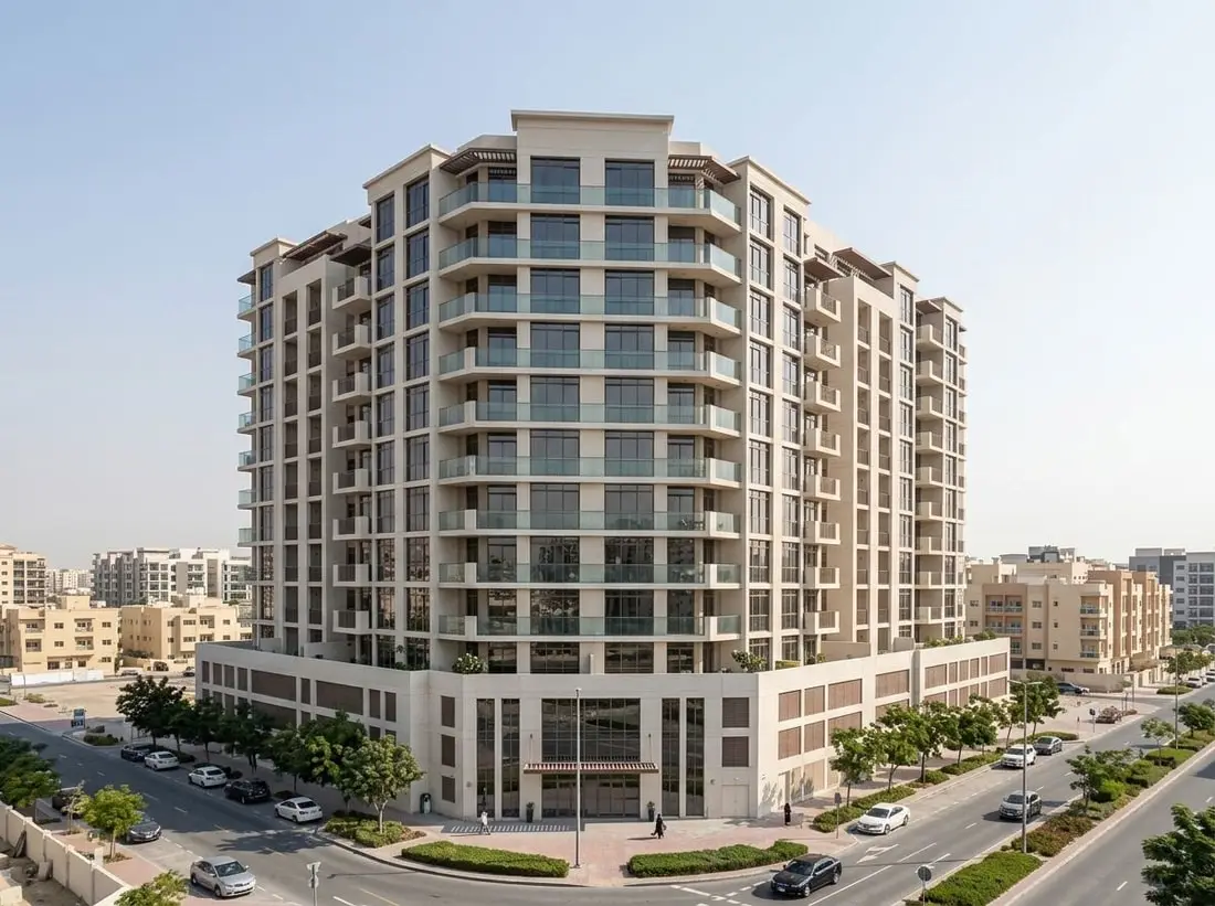Gotowa nowoczesna elewacja budynku Avenue Residence 4 w Al Furjan