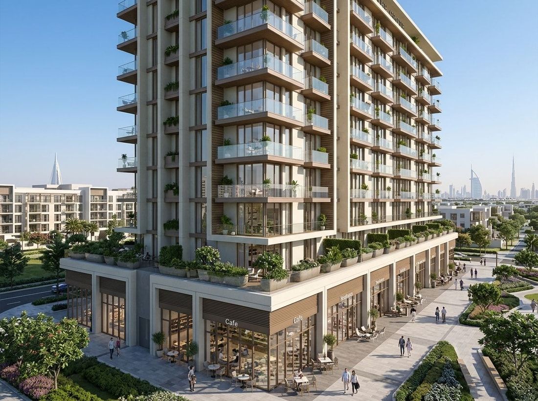 Fasada The Grove by Iman z lokalami na parterze w Dubai Hills