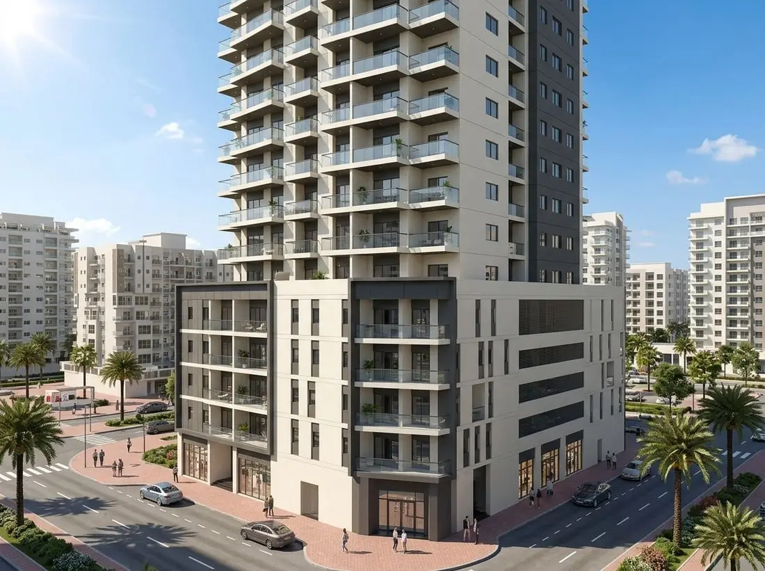 Fasada apartamentowca Empire Residence z balkonami w dzielnicy JVC